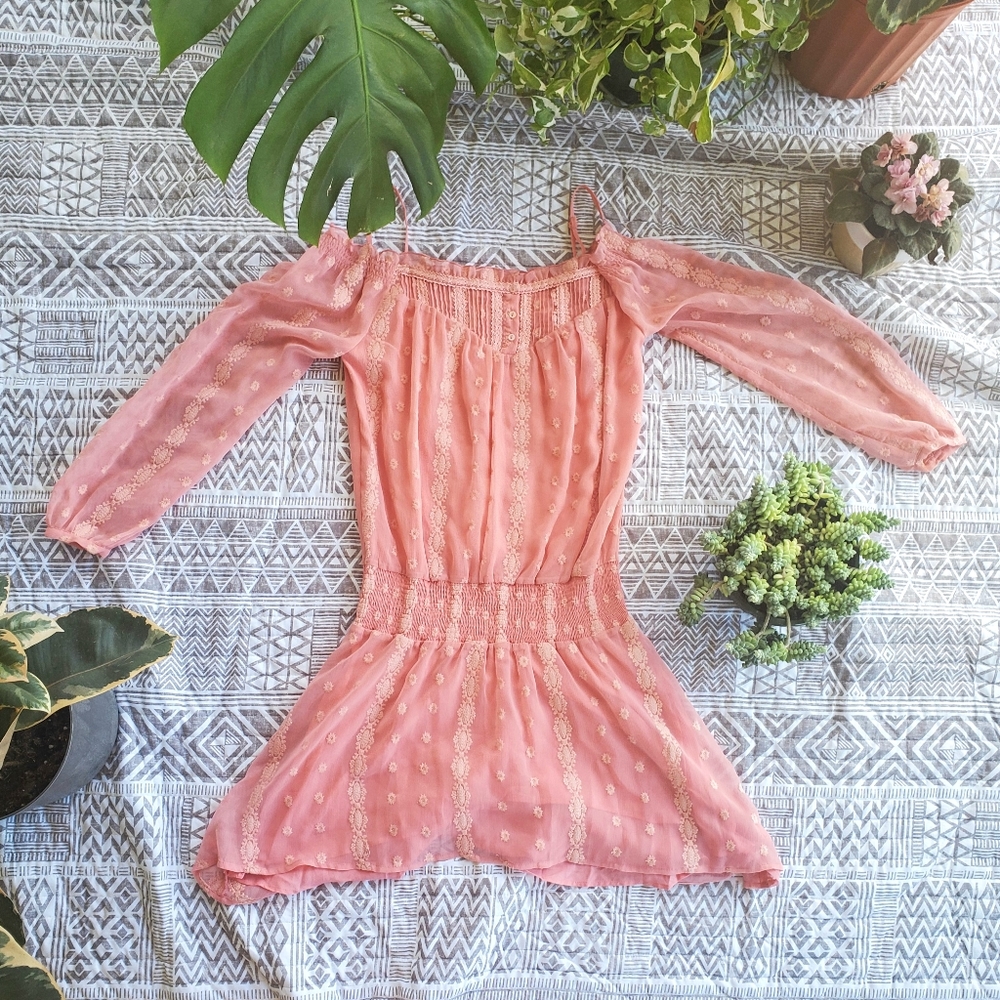 Free People Coral Floral Embroidered Off-Shoulder Womens Dress